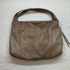 HOBO Alannis Beige w Rose Gold Hardware Leather Whipstitch Shoulder Bag Tote